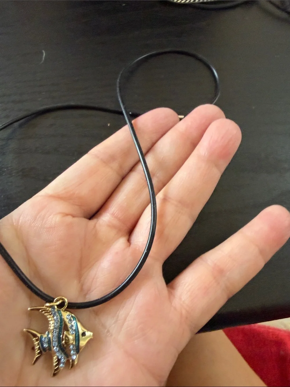 Hand Crafted Gold and Blue Rhinestone Fish Pendant Necklace